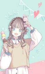 Rule 34 | 1girl, :d, arm up, blue eyes, blush, brown hair, clover, collared shirt, crown, four-leaf clover, hair bun, hairband, highres, holding, holding food, holding ice cream, holding stuffed toy, ice cream, ice cream cone, long hair, long sleeves, multicolored eyes, nagitofuu, nail polish, open mouth, original, pink eyes, quadruple scoop, shirt, smile, solo, string of flags, stuffed toy, sweater vest