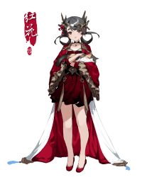 Rule 34 | 1girl, absurdres, animal, bare legs, black eyes, black hair, calico, cape, cat, choker, cloak, crossed arms, crown, dress, dress shoes, hair ornament, high heels, highres, holding, holding animal, holding cat, looking at viewer, no socks, original, red dress, red footwear, shisantian, short dress, short hair, short twintails, signature, thick eyebrows, twintails