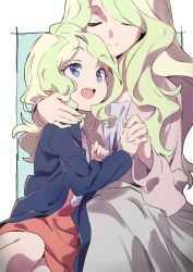 Rule 34 | 2girls, :d, age difference, aged down, bernadette cavendish, blonde hair, blue eyes, blue jacket, blush, breasts, brown jacket, cleavage, closed eyes, closed mouth, diana cavendish, dress, dual persona, green hair, grey skirt, happy birthday, highres, holding hands, jacket, little witch academia, long hair, long skirt, long sleeves, mother and daughter, multicolored hair, multiple girls, open clothes, open jacket, open mouth, red dress, round teeth, sitting, skirt, smile, tama (tama-s), tareme, teeth, time paradox, two-tone background, two-tone hair, very long hair, wavy hair