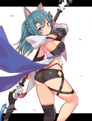 Rule 34 | 1girl, animal ears, ass, blue eyes, breasts, butterfly hair ornament, cat ears, coat, cougar (cougar1404), from behind, grey hair, hair ornament, long hair, looking at viewer, medium breasts, original, polearm, ponytail, shiny clothes, shiny skin, short shorts, shorts, sideboob, single thighhigh, sleeveless, sleeveless coat, smile, solo, spear, thighhighs, weapon