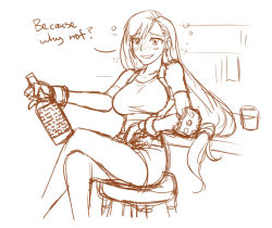 Rule 34 | 1990s (style), 1girl, blush, bottle, breasts, drunk, earrings, elbow gloves, elbow pads, english text, final fantasy, final fantasy vii, fingerless gloves, gloves, hiccup, jewelry, large breasts, legs, crossed legs, long hair, low-tied long hair, matsu-sensei, midriff, miniskirt, monochrome, navel, pinky out, retro artstyle, sitting, sketch, skirt, solo, stool, suspender skirt, suspenders, tifa lockhart