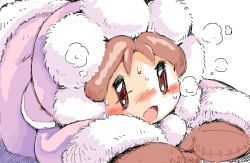 Rule 34 | 1girl, blush, brown eyes, brown hair, ice climber, lying, nana (ice climber), nintendo, on stomach, open mouth, oyatsu (mk2), simple background, solo, white background