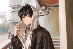 Rule 34 | 1boy, black hair, black jacket, blurry, blurry background, carrotsprout, chainsaw man, grey shirt, highres, hood, hoodie, jacket, looking at viewer, mole, mole under mouth, railing, shirt, short hair, smile, solo, twitter username, white hoodie, wire, yoshida hirofumi, zipper