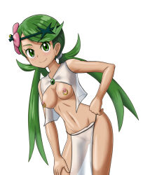 Rule 34 | 1girl, blush, breastless clothes, breasts, cleft of venus, closed mouth, collarbone, creatures (company), crop top, dark-skinned female, dark skin, female focus, flower, game freak, gluteal fold, green eyes, green hair, green hairband, hair flower, hair ornament, hair tie, hairband, hand on own hip, hand on own thigh, happy, leaning forward, loincloth, long hair, looking at viewer, mallow (pokemon), matching hair/eyes, medium breasts, navel, nintendo, nipple piercing, nipple rings, nipples, piercing, pink flower, pokemon, pokemon sm, pussy, revealing clothes, see-through, shiny skin, shirt, shougun (chuckni1), simple background, sleeveless, sleeveless shirt, smile, solo, standing, stomach, swept bangs, trial captain, twintails, uncensored, white background, white shirt