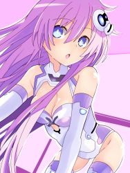Rule 34 | bare shoulders, blue eyes, bodysuit, boots, breasts, cleavage, hair between eyes, hair ornament, highres, iwashi dorobou -r-, long hair, medium breasts, nepgear, neptune (series), open mouth, power symbol-shaped pupils, purple hair, purple sister, sitting, skin tight, surprised, symbol-shaped pupils, thighs, very long hair