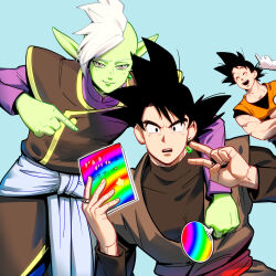 Rule 34 | 4boys, arm around shoulder, black eyes, black hair, blue background, book, closed eyes, closed mouth, colored skin, crossed arms, dougi, dragon ball, dragon ball super, earrings, gloves, goku black, green skin, hand fan, highres, holding, holding book, holding fan, jewelry, long sleeves, middle finger, mohawk, multiple boys, muscular, muscular male, open mouth, out of frame, pointing, pointing at another, pointy ears, simple background, single earring, smile, son goku, spiked hair, supobi, teeth, v, vegeta, white gloves, white hair, zamasu
