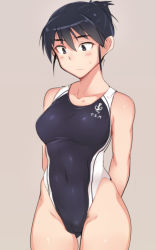 Rule 34 | 1girl, alternate costume, arms behind back, beige background, black hair, blue background, blush, breasts, cameltoe, competition swimsuit, covered navel, cowboy shot, em (totsuzen no hakike), female pubic hair, hair bun, hair up, hip bones, kitagou fumika, light frown, one-piece swimsuit, pubic hair, pubic hair peek, short hair, simple background, single hair bun, solo, strike witches, strike witches zero, sweat, sweatdrop, swimsuit, thigh gap, world witches series
