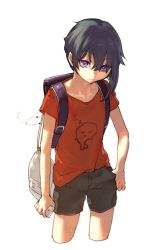 Rule 34 | 1girl, asymmetrical hair, backpack, bad id, bad pixiv id, bag, black hair, blue eyes, cellphone, cowboy shot, cropped legs, grey shorts, holding, holding phone, looking at viewer, male focus, multicolored eyes, ohisashiburi, original, phone, purple eyes, red shirt, shirt, short sleeves, shorts, simple background, smartphone, solo, standing, thumb in pocket, tomboy, white background