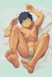 Rule 34 | 1boy, :/, absurdres, armpits, arms up, barefoot, bed sheet, black hair, blue eyes, bulge, collarbone, commentary request, feet, feet up, from above, fundoshi, groin, highres, japanese clothes, knees up, lilili, linea alba, looking at viewer, lying, male focus, male underwear, navel, nipples, on back, original, pectorals, scar, scar on arm, scar on face, scar on leg, scar on nose, short hair, soles, solo, spread legs, toes, toned, toned male, underwear, underwear only, wide-eyed