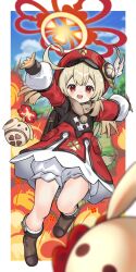 Rule 34 | 1girl, 2others, ahoge, animal, animal ears, arms up, bag, beret, blonde hair, blue sky, blurry, blurry background, blush, boots, border, branch, brown bag, brown eyes, brown flower, brown footwear, brown gloves, brown jacket, brown scarf, child, closed mouth, cloud, cloudy sky, commentary request, dodoco (genshin impact), dress, explosion, feathers, fire, floral print, flower, flying, genshin impact, gloves, grass, grey eyes, grey shorts, hair between eyes, hands up, hat, hat feather, hat ornament, heart, highres, jacket, klee (genshin impact), leg up, long sleeves, looking at viewer, looking to the side, mountain, multicolored clothes, multicolored jacket, multiple others, open mouth, outdoors, outside border, pocket, pointy ears, pom pom (clothes), puffy long sleeves, puffy sleeves, rabbit, rabbit ears, red eyes, red flower, red headwear, red jacket, scarf, short hair, short twintails, shorts, sky, smile, socks, teeth, tongue, tree, twintails, two-tone jacket, vision (genshin impact), white border, white dress, white socks, yellow fur, yuujin (yuzinn333)