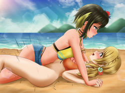 Rule 34 | 2girls, after kiss, aimoto rinku, akashi maho, ass, bare shoulders, beach, blonde hair, blue eyes, blue sky, blush, breast press, breasts, cloud, d4dj, danzfloor, futa with female, futanari, hair ornament, highres, implied futanari, implied sex, large breasts, lens flare, long hair, looking at another, multicolored hair, multiple girls, navel, no panties, open mouth, outdoors, pink eyes, saliva, saliva trail, sand, sky, sweat, swimsuit, symmetrical docking, tongue, tongue out, yuri