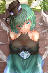 Rule 34 | 1girl, alternate costume, bare shoulders, blush, breasts, commentary request, dress, feathers, gloves, green dress, green hair, hat, highres, large breasts, looking at viewer, own hands together, plant, short hair, shounen (hogehoge), smile, soga no tojiko, solo, tate eboshi, touhou, white gloves
