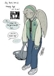 Rule 34 | ..., 1girl, absurdres, backpack, bag, blue pants, closed mouth, doctor who, green hairband, hairband, highres, humanization, jacket, long sleeves, looking at viewer, monster girl, original, pants, shoes, solo, sparrowl, spoken ellipsis, standing, statue, weeping angel, white footwear, wings