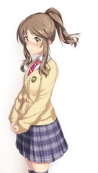 10s 1girl blush brown_eyes brown_hair female_focus idolmaster idolmaster_cinderella_girls karisuwaya long_hair necktie school_uniform solo takamori_aiko thighhighs