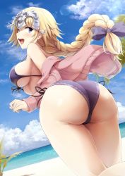 Rule 34 | 1girl, akita hika, ass, beach, bikini, blonde hair, blue eyes, blue sky, blush, bow, braid, breasts, cloud, curvy, day, fate/apocrypha, fate (series), front-tie bikini top, front-tie top, hair bow, headpiece, highres, hip focus, huge ass, jacket, jeanne d&#039;arc (fate), jeanne d&#039;arc (ruler) (fate), jeanne d&#039;arc (white cruising) (fate), large breasts, long hair, looking back, ocean, off shoulder, open clothes, open jacket, open mouth, palm tree, pink jacket, purple bikini, purple bow, sand, side-tie bikini bottom, single braid, sky, smile, solo, swimsuit, thick thighs, thighs, tree, wide hips