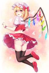 Rule 34 | 1girl, absurdres, ass, black thighhighs, blonde hair, blush, bow, commentary request, dahe zhuang (yishi fanhua), fang, flandre scarlet, frills, from behind, hat, hat ribbon, highres, long hair, looking at viewer, mob cap, open mouth, panties, pink panties, pink skirt, red eyes, ribbon, short hair, short sleeves, side ponytail, skirt, smile, solo, thighhighs, touhou, underwear, white hat, wings