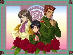 3boys abstract_background ahoge aiguillette androgynous black_hair border brown_eyes brown_hair buttons center_frills cheekbones collar collared_jacket epaulettes fingernails flattop floral_background flower flower_(symbol) frills gold_buttons gradient_background green_border green_collar green_jacket green_sleeve_cuffs green_sleeves hair_between_eyes hand_on_own_hip height_difference jacket leaf light_brown_hair long_hair looking_at_viewer mandarin_collar military_jacket military_uniform multiple_boys non-web_source official_art official_wallpaper oka_kikunojou ota_yokihiko own_hands_together parted_bangs parted_lips pink_lips pink_undershirt plain_epaulettes pocket purple_scarf red_collar red_flower red_rose rimless_eyewear rose rose_background sakura_taisen sakura_taisen_ii scarf seiryuuin_kotone short_hair sleeve_cuffs smile tan thick_eyebrows trap v-shaped_eyebrows yamaguchi_yasushi yellow_collar yellow_jacket yellow_sleeves