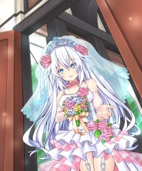 Rule 34 | 1girl, bare shoulders, black heart (neptunia), blue eyes, blue flower, blue rose, bouquet, breasts, bride, choker, collarbone, commentary request, detached sleeves, dress, flower, flower choker, garter straps, hair between eyes, holding, holding bouquet, joney, long hair, looking at viewer, medium breasts, neptune (series), noire (neptunia), open door, outstretched arm, parted lips, pink flower, pink rose, power symbol-shaped pupils, rose, sleeves past wrists, smile, solo, standing, symbol-shaped pupils, tiara, very long hair, wedding dress, white hair, yellow flower, yellow rose
