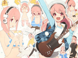 Rule 34 | 1girl, :d, :o, :t, ;d, ^ ^, apron, bespectacled, bikini, blush, book, breasts, china dress, chinese clothes, clipboard, closed eyes, dog, dress, food, food on face, fruit, glasses, guitar, hat, headphones, hood, hoodie, instrument, large breasts, leash, looking back, mechanical pencil, naked apron, nitroplus, nurse, nurse cap, one eye closed, open mouth, pencil, pink hair, pink thighhighs, pom pom (cheerleading), print legwear, red eyes, shoes, skirt, smile, sneakers, ssberit, star (symbol), star print, strawberry, super sonico, swimsuit, thighhighs, tiger, wink