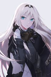 Rule 34 | 1girl, an-94 (girls&#039; frontline), black gloves, blonde hair, blue eyes, braid, breasts, cloak, closed mouth, expressionless, floating hair, gas mask, girls&#039; frontline, gloves, grey background, hair between eyes, hair ribbon, hairband, hand up, highres, jacket, long hair, long sleeves, looking at viewer, mask, medium breasts, qb 516, ribbon, sidelocks, simple background, solo, strap, tactical clothes, upper body, very long hair