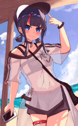 Rule 34 | 1girl, absurdres, bare shoulders, baseball cap, beach, bikini, bikini under clothes, black bikini, black hair, black shorts, blue eyes, blue sky, blush, breasts, cellphone, choker, collarbone, fate/grand order, fate (series), hat, highres, looking at viewer, low twintails, medium breasts, medium hair, mitsuzuki (ksvy3542), multicolored hair, off-shoulder shirt, off shoulder, phone, pink hair, see-through, shirt, shore, short shorts, short sleeves, short twintails, shorts, sidelocks, sky, smile, solo, streaked hair, swimsuit, thigh strap, thighs, twintails, utsumi erice, utsumi erice (swimsuit avenger), utsumi erice (swimsuit avenger) (first ascension), white hat, white shirt