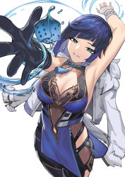 Rule 34 | 1girl, absurdres, arm up, armpits, asymmetrical gloves, black gloves, blue hair, breasts, cleavage, coat, dark blue hair, dice, earrings, elbow gloves, fingerless gloves, fur coat, genshin impact, gloves, green eyes, half-closed eyes, highres, hip vent, hua zhi ren, jewelry, large breasts, looking at viewer, mole, mole on breast, parted lips, simple background, smile, solo, water, white background, white coat, white gloves, yelan (genshin impact)