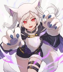 Rule 34 | 1girl, animal ears, animal hands, cape, claws, fangs, fire emblem, fire emblem awakening, fire emblem heroes, fur trim, gloves, grima (fire emblem), halloween costume, highres, itou (very ito), looking at viewer, nintendo, official alternate costume, open mouth, paw gloves, red eyes, robin (female) (fire emblem), robin (fire emblem), short shorts, shorts, silver hair, solo, tail, wolf ears, wolf tail