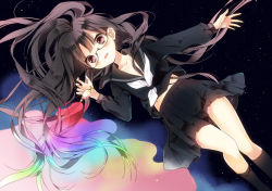 1girl bad_id bad_pixiv_id black_hair black_serafuku black_socks female_focus floating_hair glasses kneehighs long_hair looking_at_viewer midriff naoto_(tulip) open_mouth original parted_lips pleated_skirt revision school_uniform semi-rimless_eyewear serafuku skirt socks solo space under-rim_eyewear