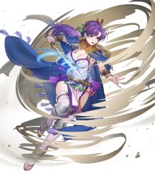 Rule 34 | 1girl, attack, earrings, fire emblem, fire emblem: the binding blade, fire emblem heroes, hanusu, highres, holding, holding sword, holding weapon, jewelry, juno (fire emblem), juno (nimble grace) (fire emblem), nintendo, non-web source, official alternate costume, official art, open mouth, pelvic curtain, purple eyes, purple hair, simple background, solo, sword, tassel, tassel earrings, v-shaped eyebrows, weapon, whirlwind, white background