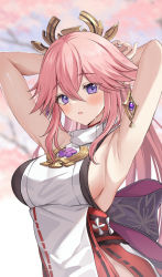 Rule 34 | 1girl, armpits, arms behind head, arms up, bad id, bad twitter id, blurry, blurry background, blush, breasts, commentary request, crossed bangs, genshin impact, hair between eyes, hair ornament, harimoji, large breasts, long hair, looking at viewer, parted lips, pink hair, purple eyes, sideboob, solo, upper body, yae miko