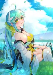 Rule 34 | 1girl, absurdres, aqua hair, bikini, blue sky, bow, breasts, cloud, day, dragon girl, dragon horns, fate/grand order, fate (series), frilled bikini, frills, hair bow, highres, horns, japanese clothes, kimono, kiyohime (fate), kiyohime (fate/grand order), kiyohime (swimsuit lancer) (fate), kiyohime (swimsuit lancer) (first ascension) (fate), long hair, medium breasts, motimotimeshi, multiple horns, obi, off shoulder, outdoors, ponytail, sash, sitting, sky, solo, swimsuit, thighhighs, white thighhighs, yellow bikini, yellow bow, yellow eyes