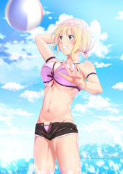 Rule 34 | 1girl, ball, beach, beach volleyball, bikini, blonde hair, blue eyes, blush, bracelet, breasts, cleavage, cloud, commentary request, day, earrings, front-tie bikini top, front-tie top, highres, jewelry, large breasts, navel, open mouth, original, outdoors, ring, short hair, sky, smile, solo, standing, swimsuit, volleyball, volleyball (object), zaregoto tsukai no deshi