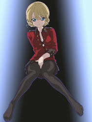 Rule 34 | 1girl, arms behind back, backlighting, black pantyhose, black skirt, blonde hair, blue eyes, braid, breasts, cleavage, collarbone, covering privates, covering crotch, darjeeling (girls und panzer), epaulettes, girls und panzer, gradient background, hair between eyes, hal-py, highres, jacket, knees together feet apart, legs, looking at viewer, military jacket, no shoes, pantyhose, partially unbuttoned, pleated skirt, red jacket, sitting, skirt, smile, st. gloriana&#039;s military uniform, swept bangs, thighs