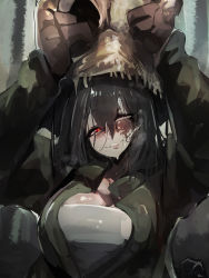 Rule 34 | 1girl, bag, bag over head, black hair, blush, breasts, cleavage, coat, evil grin, evil smile, forest, gender request, genderswap, gloves, grin, highres, large breasts, little nightmares (series), looking at viewer, medium hair, my700, nature, one eye closed, plump lips, red eyes, scar, shirt, smile, steam, t-shirt, the hunter (little nightmares 2)
