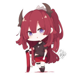 Rule 34 | 1girl, :&lt;, arknights, beni shake, black footwear, black gloves, black shirt, black socks, chibi, commentary request, full body, gloves, hair between eyes, horns, long hair, parted lips, ponytail, purple eyes, red hair, red shorts, shirt, shoes, short shorts, short sleeves, shorts, signature, single glove, skateboard, socks, solo, standing, surtr (arknights), triangle mouth, very long hair, white background