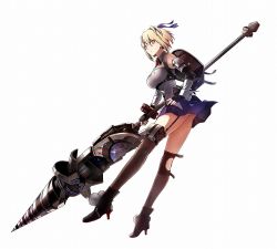 Rule 34 | 10s, 1girl, ankle boots, artist request, asymmetrical legwear, backpack, bag, bare shoulders, black gloves, blonde hair, blue skirt, boots, bow, bracelet, breasts, claire victorious, detached collar, fingerless gloves, fingernails, from side, full body, garter straps, gloves, god eater, god eater 3, hair bow, hand on own hip, high heels, holding, holding weapon, jewelry, long legs, looking at viewer, medium breasts, official art, parted lips, pink eyes, polearm, pom pom (clothes), simple background, skirt, solo, spear, strapless, thighhighs, thighs, uneven legwear, weapon, white background, zettai ryouiki