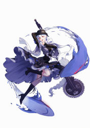 Rule 34 | 1girl, absurdres, andie, arknights, bare legs, black footwear, black hat, boots, braid, circular saw, commentary, cross, cross-laced footwear, cross necklace, from side, full body, hat, high heel boots, high heels, highres, holding, holding weapon, huge filesize, jewelry, lace-up boots, long hair, long sleeves, looking at viewer, necklace, official alternate costume, red eyes, saw, shark, simple background, single braid, solo, specter (arknights), specter (undercurrent) (arknights), thighs, very long hair, weapon, white background, white hair