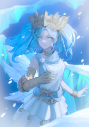 Rule 34 | 1girl, asymmetrical wings, bare shoulders, bei (yycz3428), blue background, blue eyes, blue hair, blue sash, blue scarf, blue wings, collar, commentary, cowboy shot, crown, curly hair, dress, final fantasy, final fantasy xiv, floating hair, gauntlets, highres, looking at viewer, menphina, metal collar, multiple wings, no pupils, sash, scarf, short hair, short twintails, single gauntlet, sleeveless, sleeveless dress, smile, solo, standing, twintails, white dress, wind, wings