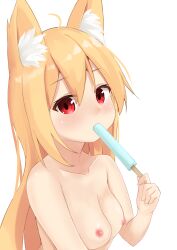 1girl ahoge animal_ear_fluff animal_ears blonde_hair breasts collarbone food food_in_mouth fox_ears hair_between_eyes hand_up holding_food holding_popsicle light_blush long_hair looking_at_viewer looking_to_the_side nipples nude original popsicle popsicle_in_mouth red_eyes sakuma_hiragi simple_background small_breasts solo upper_body white_background