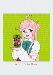 Rule 34 | 1girl, ahoge, bad id, bad twitter id, can, double bun, drink can, glasses, green background, hair bun, halterneck, kantai collection, long sleeves, makigumo (kancolle), mountain dew, ojipon, open mouth, pink hair, product placement, school uniform, shirt, smile, soda can, solo, square, twintails, upper body, wavy background, white shirt, yellow eyes