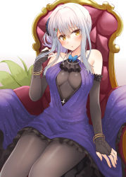 Rule 34 | bangle, black gloves, black pantyhose, blue bow, blue bowtie, blush, bow, bowtie, bracelet, breasts, chair, dress, elbow gloves, gloves, hair between eyes, hair ornament, hairclip, jewelry, large breasts, looking at viewer, mahjong soul, medium hair, pantyhose, purple dress, revealing clothes, rui shi (rayze ray), sitting, sleeveless, sleeveless dress, white hair, yagi yui, yellow eyes
