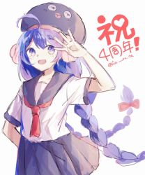 Rule 34 | 1girl, :d, ahoge, arm up, black headwear, black sailor collar, black skirt, blue eyes, blue hair, blush, bow, braid, eel hat, fang, grey background, hair bow, haruta (user dndp3458), long hair, low twintails, open mouth, otomachi una, pleated skirt, red bow, sailor collar, school uniform, serafuku, shirt, short sleeves, simple background, skirt, smile, solo, talkex, translation request, twin braids, twintails, twitter username, very long hair, white shirt