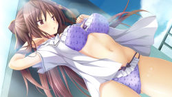 Rule 34 | 1girl, :o, andou misaki, blush, bow, bra, breasts, brown hair, chrono clock, crescent, dutch angle, covered erect nipples, female focus, frilled panties, frills, game cg, jounouchi makoto, koku, large breasts, long hair, navel, official art, open clothes, open mouth, open shirt, panties, print bra, print panties, purple bra, purple eyes, purple panties, red eyes, red hair, shirt, solo, standing, star (symbol), star print, underwear