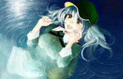 Rule 34 | 1girl, afloat, blue eyes, blue hair, female focus, goldregen, hat, jewelry, kawashiro nitori, key, matching hair/eyes, necklace, painting (medium), ripples, smile, solo, touhou, traditional media, twintails, two side up, water
