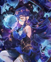 Rule 34 | 1girl, blue hair, blue theme, closed mouth, detached sleeves, dress, elf, genshin impact, gloves, layla (genshin impact), leggings, long hair, looking to the side, orb, pointy ears, signature, solo, star (sky), star (symbol), starlipop, wavy hair, yellow eyes