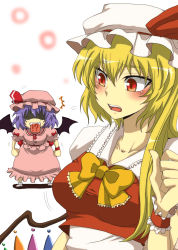 Rule 34 | !?, 2girls, ^^^, bat wings, blonde hair, blush, bow, bowtie, breast envy, breasts, female focus, flandre scarlet, hat, highres, large breasts, long hair, multiple girls, nitoni, aged up, open mouth, purple hair, red eyes, remilia scarlet, ribbon, shaded face, short hair, siblings, side ponytail, sisters, surprised, touhou, turn pale, wings, wrist cuffs