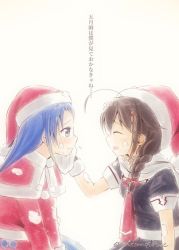 Rule 34 | 2girls, ahoge, artist name, black serafuku, blue eyes, blue hair, blush, braid, brown hair, capelet, closed eyes, commentary request, cream, cream on face, food, food on face, fur trim, hair ornament, hand on another&#039;s cheek, hand on another&#039;s face, hat, jacket, kantai collection, long hair, looking at another, mae (maesanpicture), multiple girls, neckerchief, red capelet, red jacket, red neckerchief, samidare (kancolle), santa costume, santa hat, school uniform, serafuku, shigure (kancolle), short hair, short sleeves, simple background, single braid, smile, swept bangs, translation request, very long hair, white background