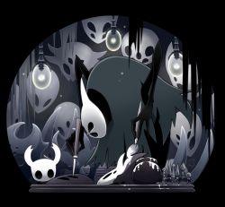 Rule 34 | 2others, bad id, bad pixiv id, black background, bottle, brush, bug, cloak, commentary request, holding, holding brush, holding paintbrush, hollow eyes, hollow knight, horns, indoors, knight (hollow knight), lamp, looking at another, mask, mask maker (hollow knight), mask on head, multiple others, no humans, paint, paintbrush, painting (action), sango (y1994318), simple background, tools
