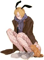 Rule 34 | 1boy, animal ears, blonde hair, blue scarf, blush, brown coat, cat, coat, commentary, curly eyebrows, fake animal ears, fishnets, hair over one eye, highres, knee blush, long bangs, looking down, male focus, nose blush, one piece, orange cat, petting, rabbit ears, sanji (one piece), scarf, shoes, short hair, simple background, sneakers, squatting, tokumei neko, white background, white sneakers