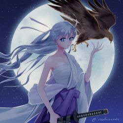 Rule 34 | 1girl, bird, blue eyes, eagle, katana, long hair, looking at viewer, moon, night, night sky, original, sky, solo, sword, weapon, white hair